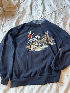 Vintage Navy Sweatshirt with Winter Birds